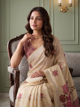 MIMOSA Pink Banarasi Linen Saree — pose 10 styling detail
