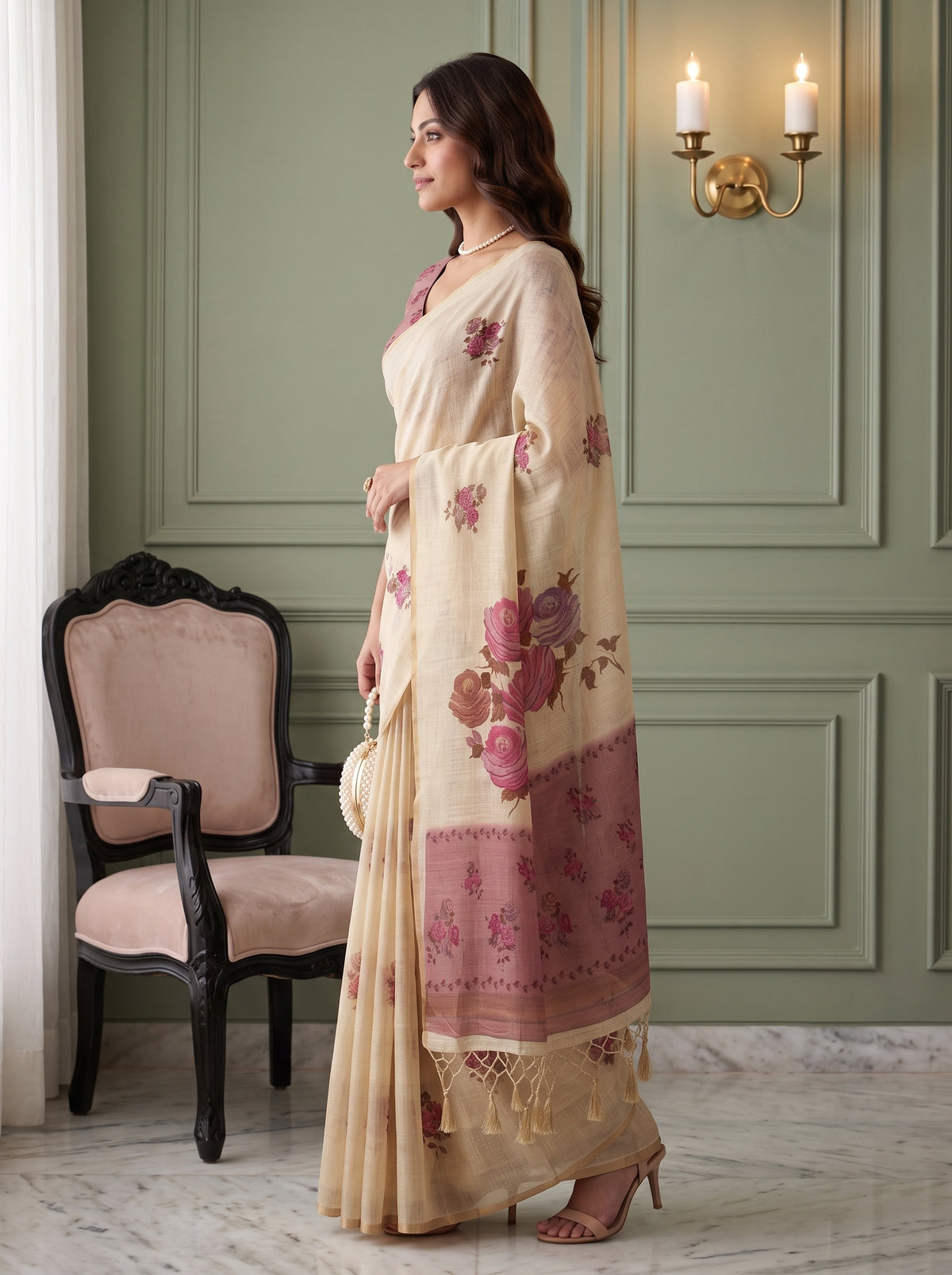 MIMOSA Pink Banarasi Linen Saree — pose 3 styling detail