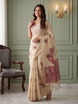 MIMOSA Pink Banarasi Linen Saree — pose 5 styling detail