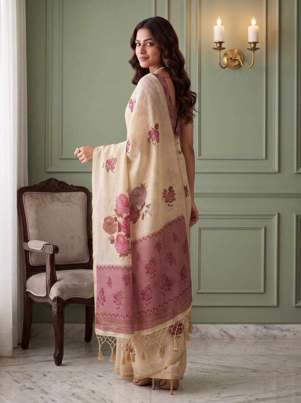 MIMOSA Pink Banarasi Linen Saree — pose 7 styling detail