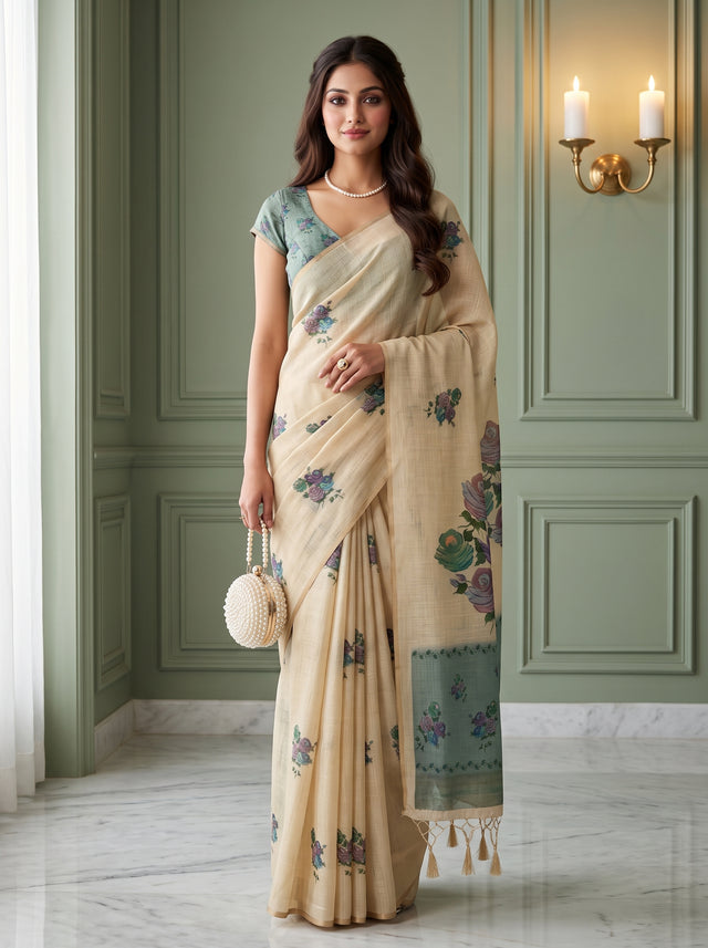 MIMOSA Sapphire Banarasi Linen Saree — AI Model lifestyle pose