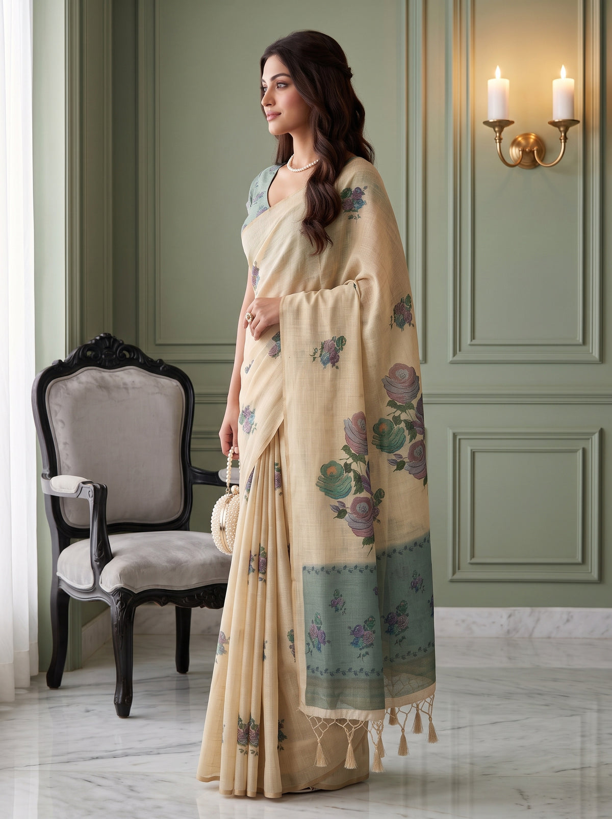 MIMOSA Sapphire Banarasi Linen Saree — pose 3 styling detail