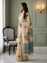 MIMOSA Sapphire Banarasi Linen Saree — pose 3 styling detail