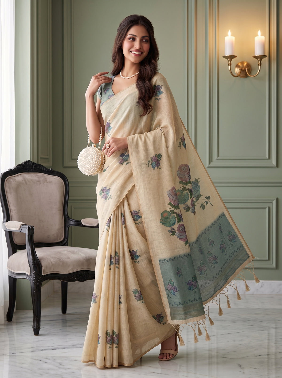 MIMOSA Sapphire Banarasi Linen Saree — pose 5 styling detail