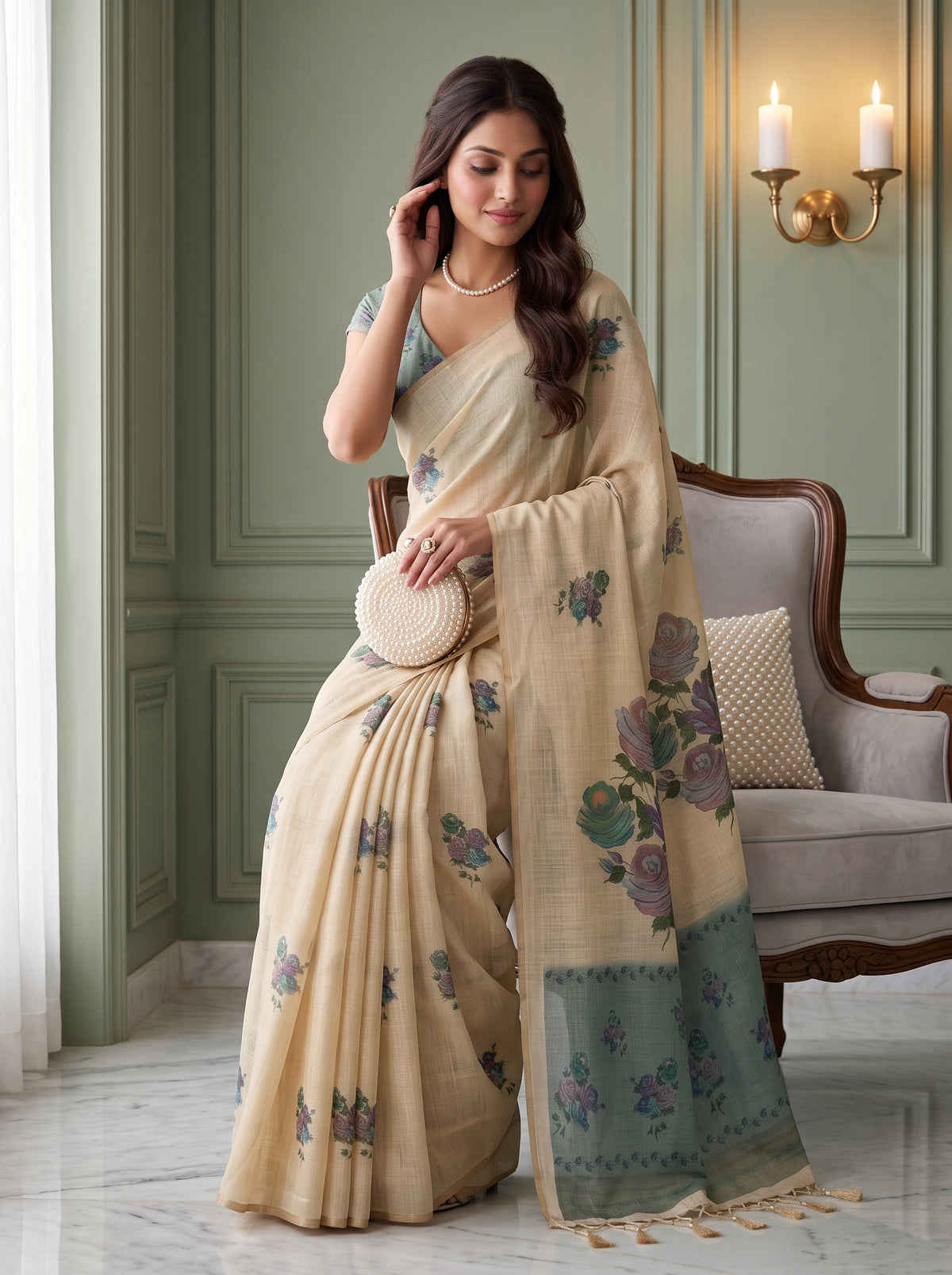 MIMOSA Sapphire Banarasi Linen Saree — pose 8 styling detail