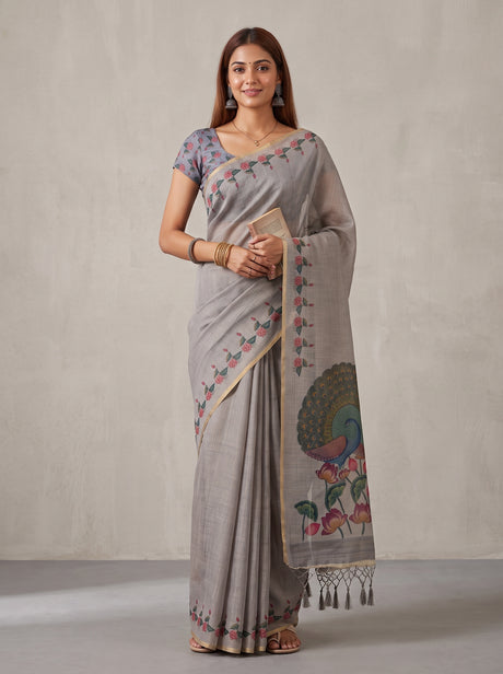 MIMOSA Grey Banarasi Linen Saree — AI Model lifestyle pose