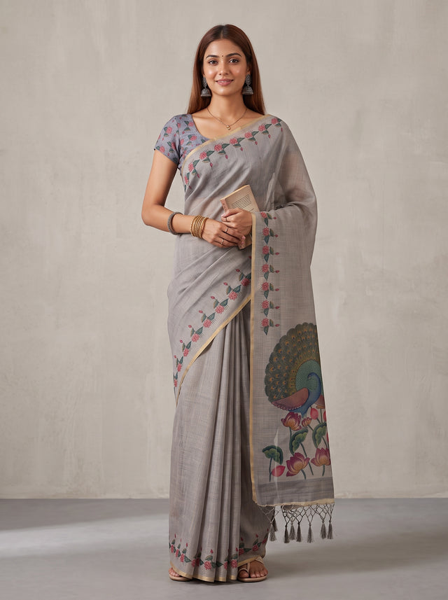 MIMOSA Grey Banarasi Linen Saree — AI Model lifestyle pose
