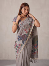 MIMOSA Grey Banarasi Linen Saree — pose 10 styling detail
