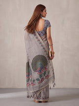 MIMOSA Grey Banarasi Linen Saree — Saree pallu and body shot