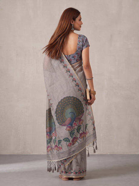MIMOSA Grey Banarasi Linen Saree — Saree pallu and body shot