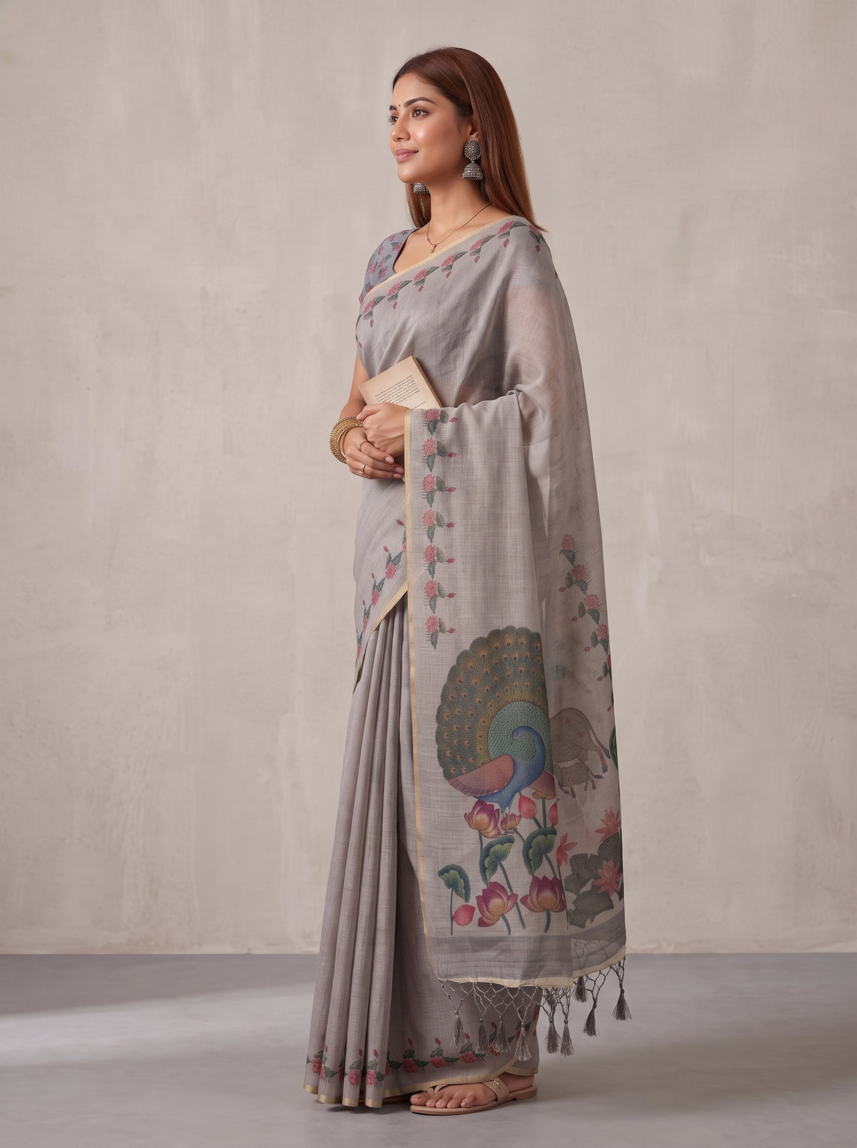 MIMOSA Grey Banarasi Linen Saree — pose 3 styling detail