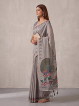MIMOSA Grey Banarasi Linen Saree — pose 3 styling detail