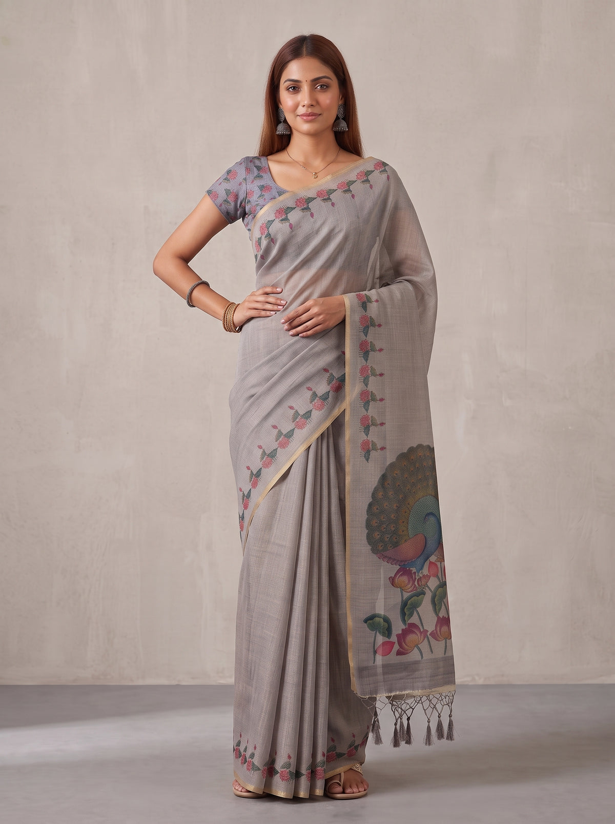 MIMOSA Grey Banarasi Linen Saree — pose 4 styling detail