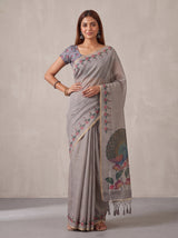 MIMOSA Grey Banarasi Linen Saree — pose 4 styling detail