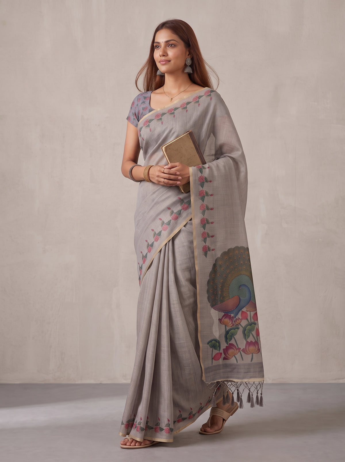 MIMOSA Grey Banarasi Linen Saree — pose 5 styling detail