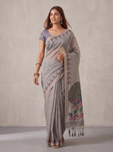 MIMOSA Grey Banarasi Linen Saree — pose 6 styling detail