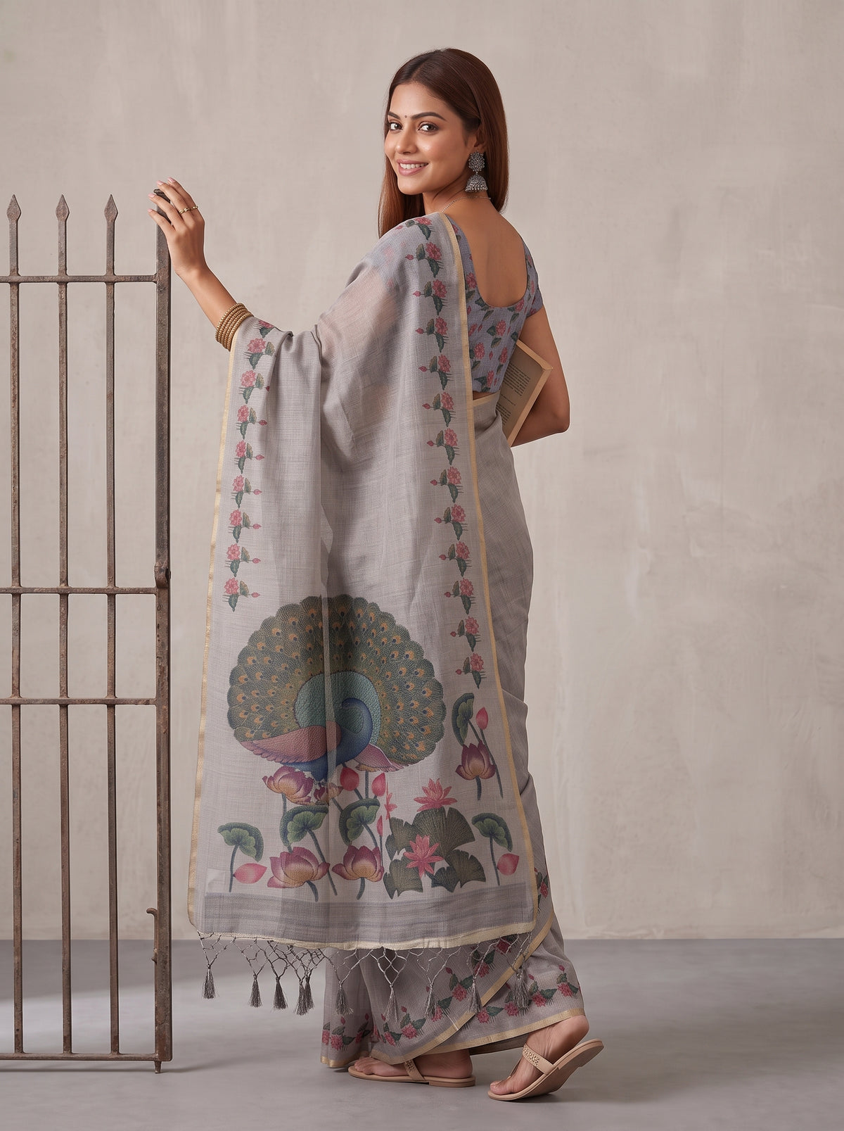 MIMOSA Grey Banarasi Linen Saree — pose 7 styling detail