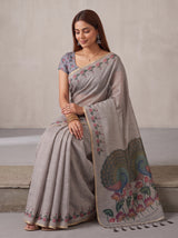 MIMOSA Grey Banarasi Linen Saree — pose 8 styling detail