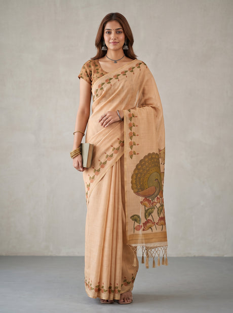 MIMOSA Orange Banarasi Linen Saree — AI Model lifestyle pose