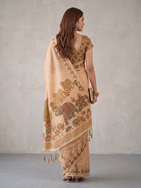 MIMOSA Orange Banarasi Linen Saree — Saree pallu and body shot