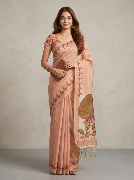 MIMOSA Peach Banarasi Linen Saree — AI Model lifestyle pose