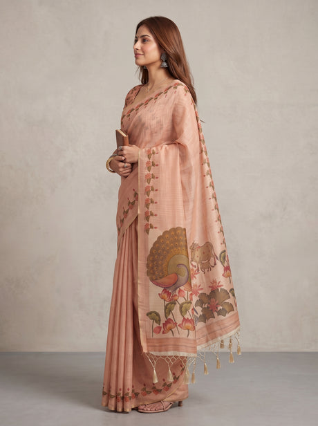 MIMOSA Peach Banarasi Linen Saree — Saree pallu and body shot