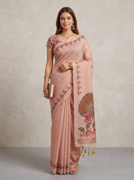 MIMOSA Pink Banarasi Linen Saree — AI Model lifestyle pose