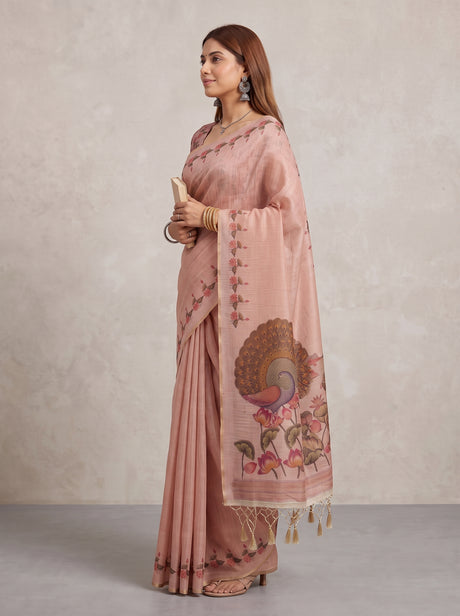 MIMOSA Pink Banarasi Linen Saree — Saree pallu and body shot