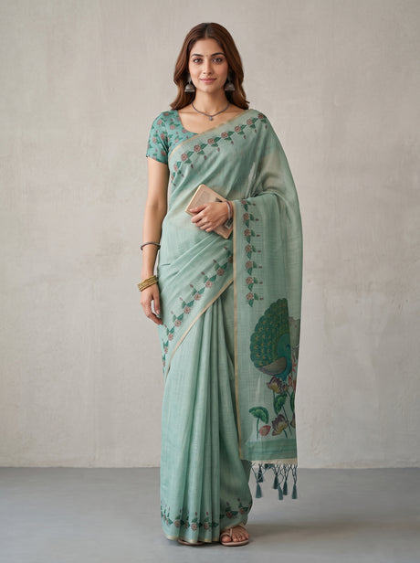 MIMOSA Rama Banarasi Linen Saree — AI Model lifestyle pose