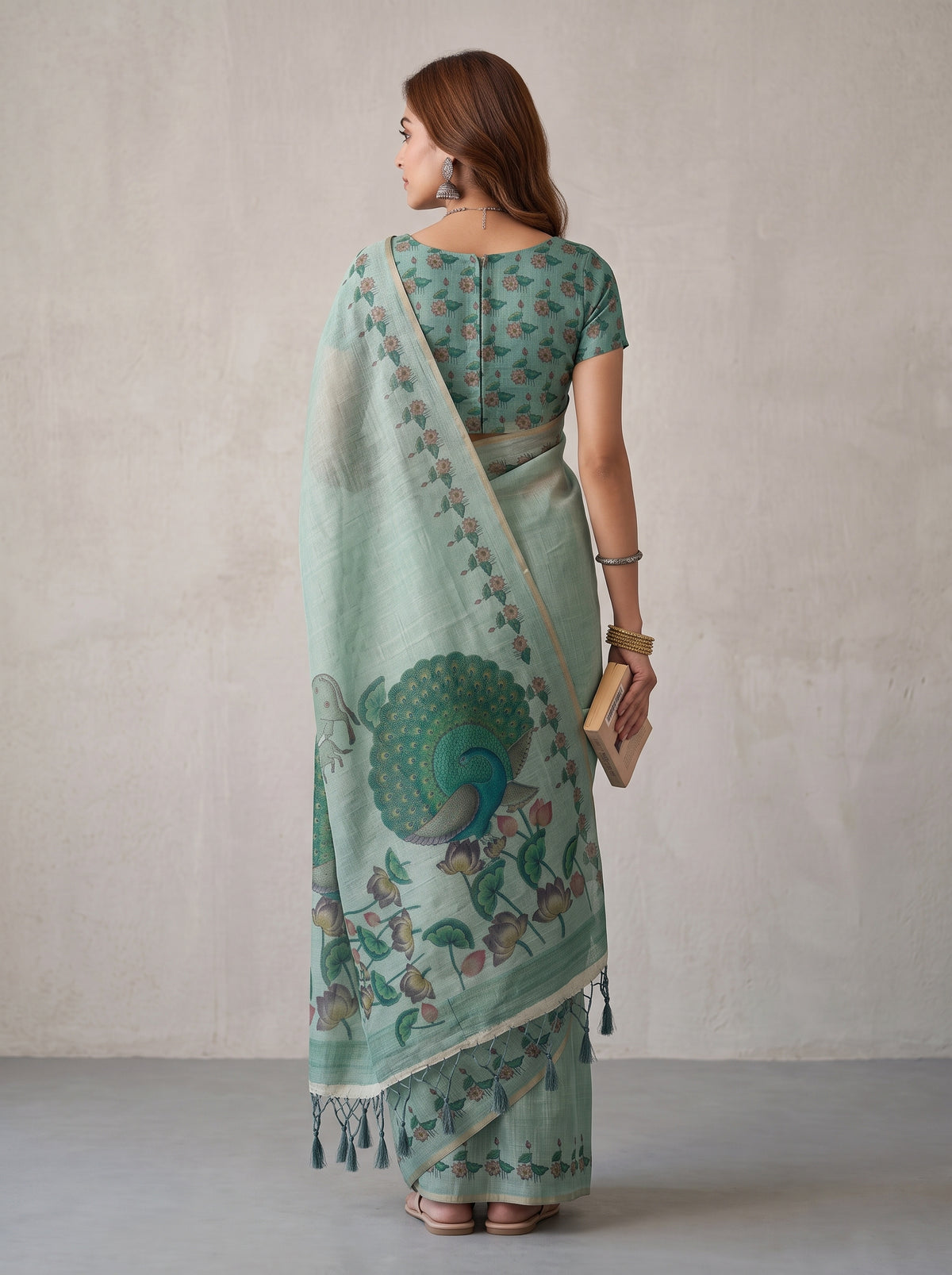 MIMOSA Rama Banarasi Linen Saree — Saree pallu and body shot