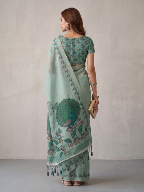 MIMOSA Rama Banarasi Linen Saree — Saree pallu and body shot