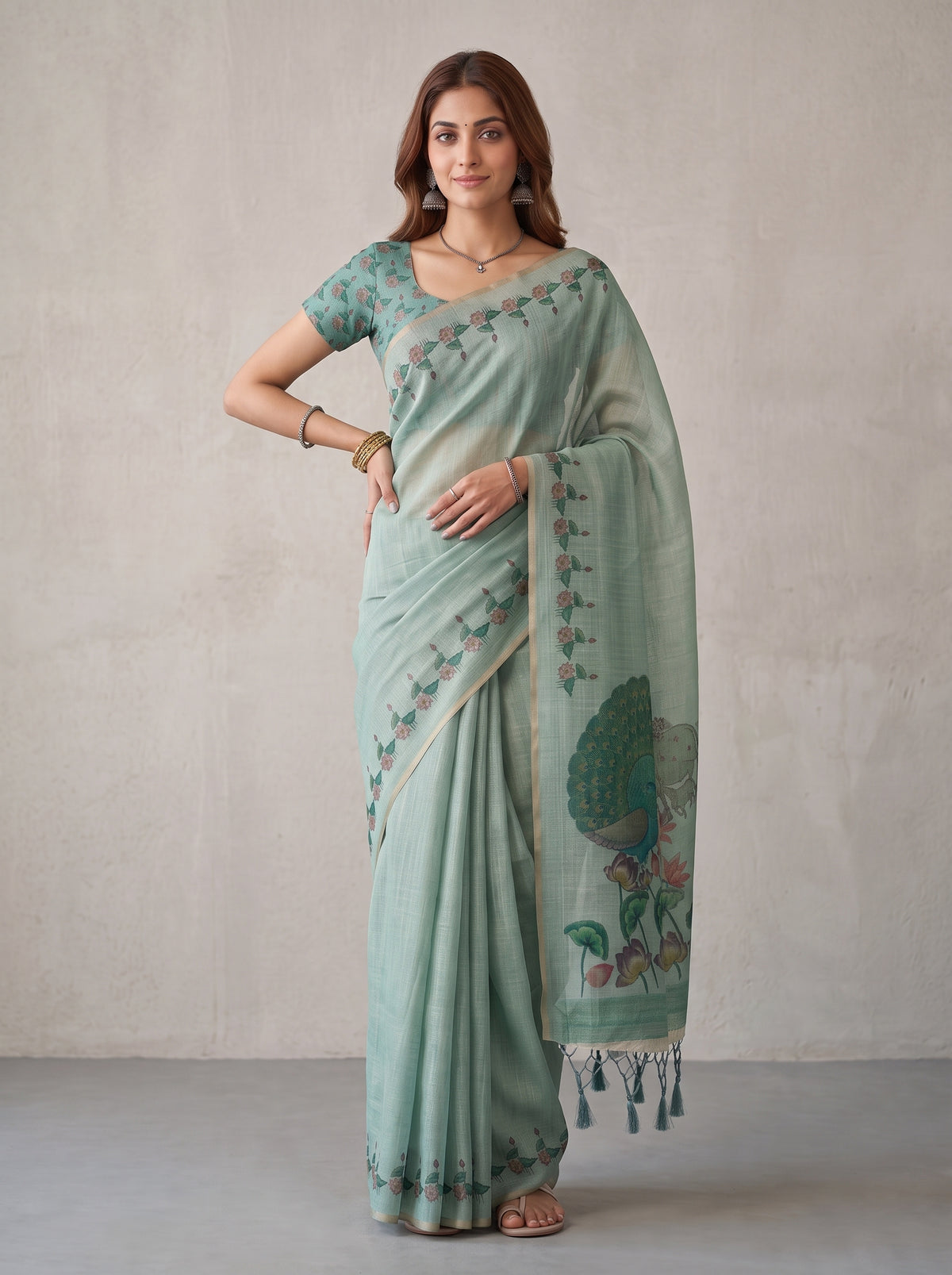 MIMOSA Rama Banarasi Linen Saree — pose 4 styling detail