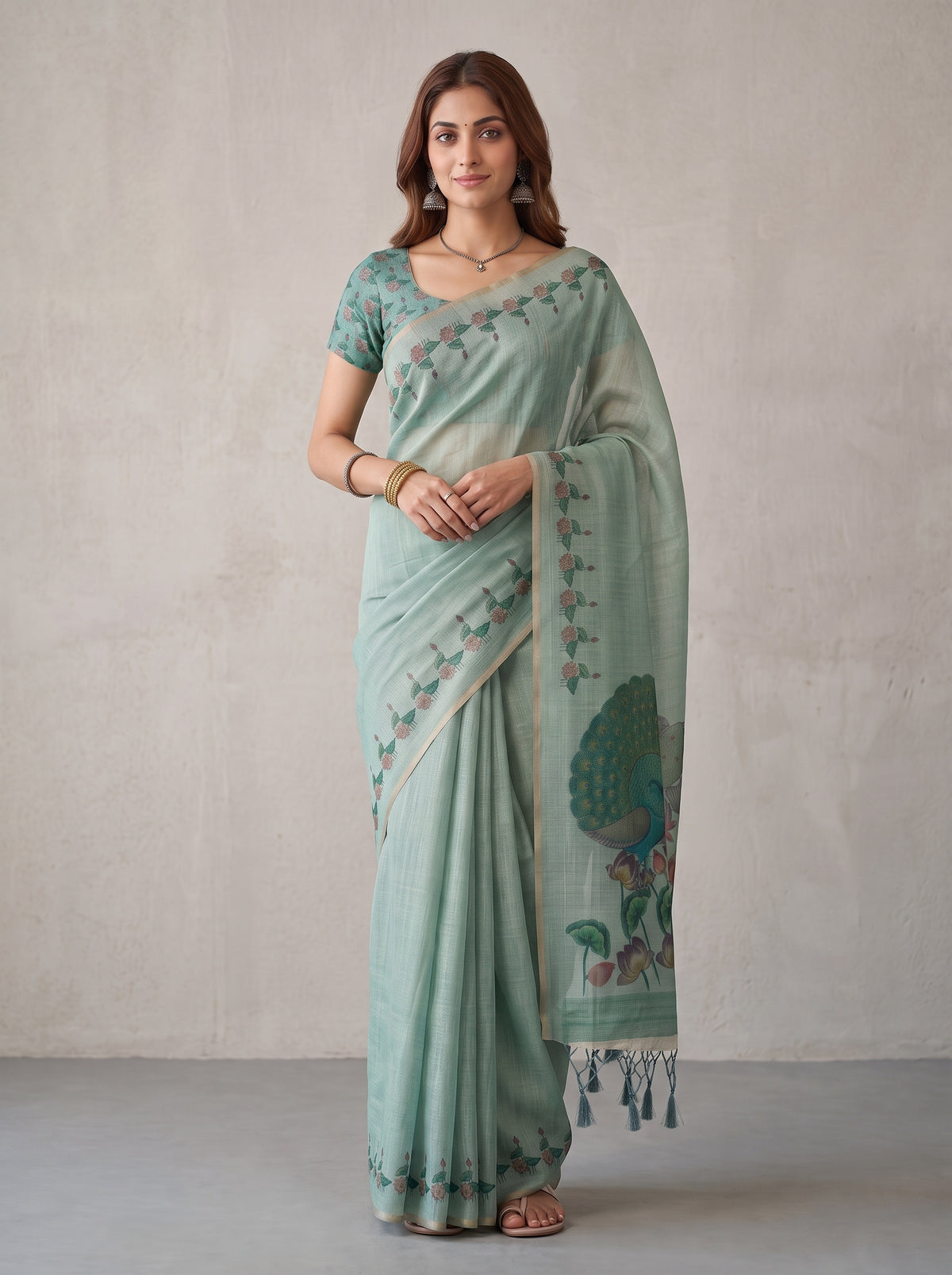 MIMOSA Rama Banarasi Linen Saree — pose 5 styling detail