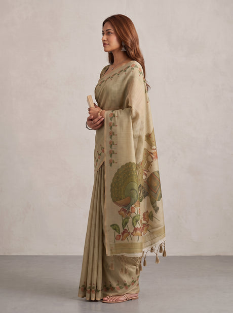MIMOSA Tussar Banarasi Linen Saree — Saree pallu and body shot