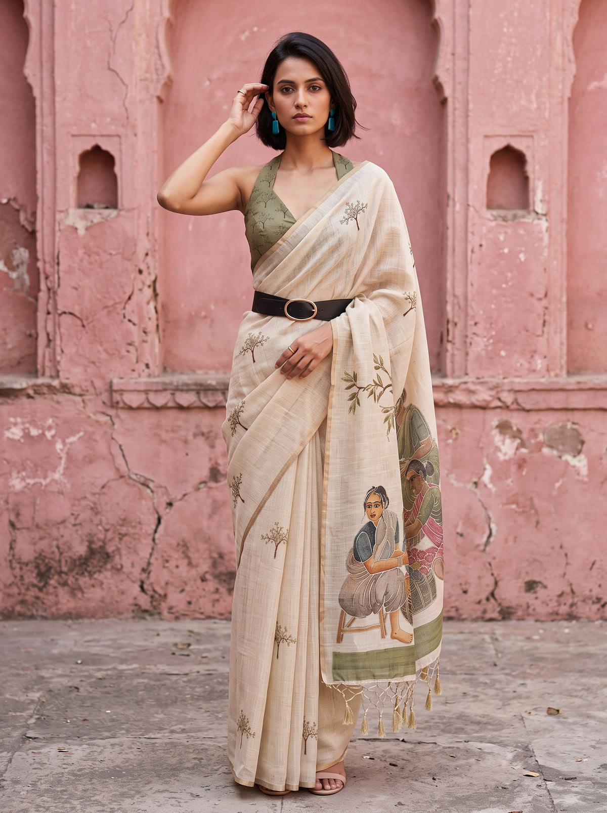 MIMOSA Mehndi Banarasi Saree — front view on mannequin