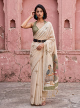 MIMOSA Mehndi Banarasi Saree — front view on mannequin