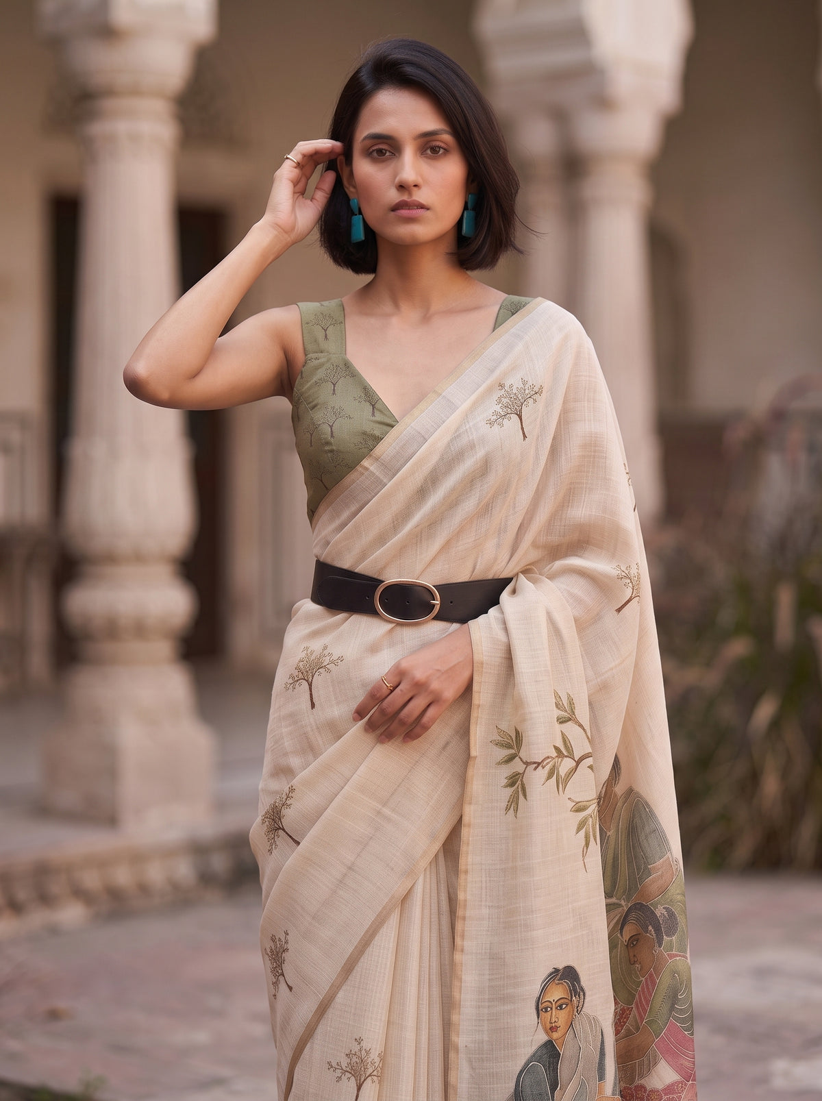 MIMOSA Mehndi Banarasi Saree — pose 10 styling detail