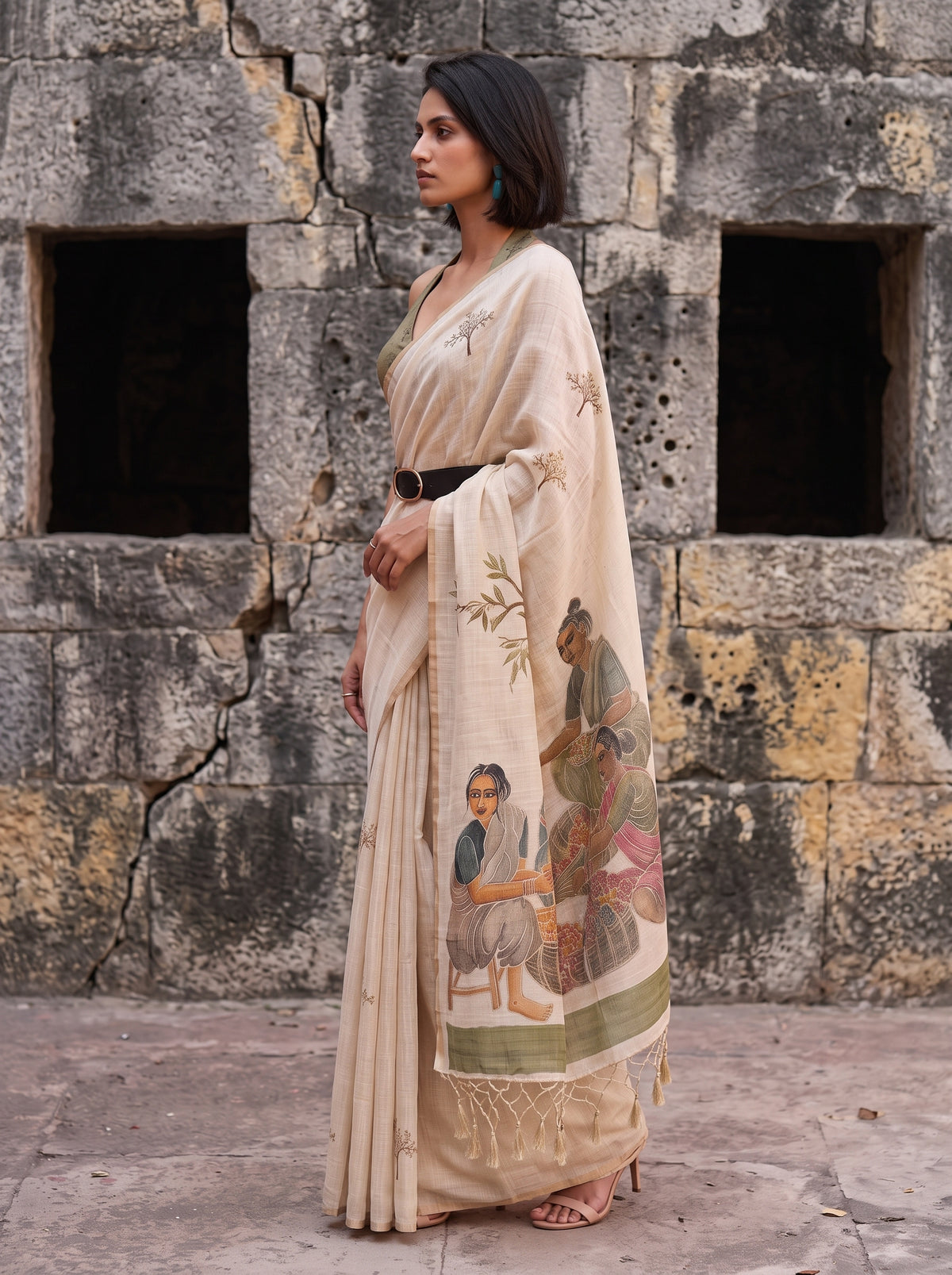 MIMOSA Mehndi Banarasi Saree — pose 3 styling detail