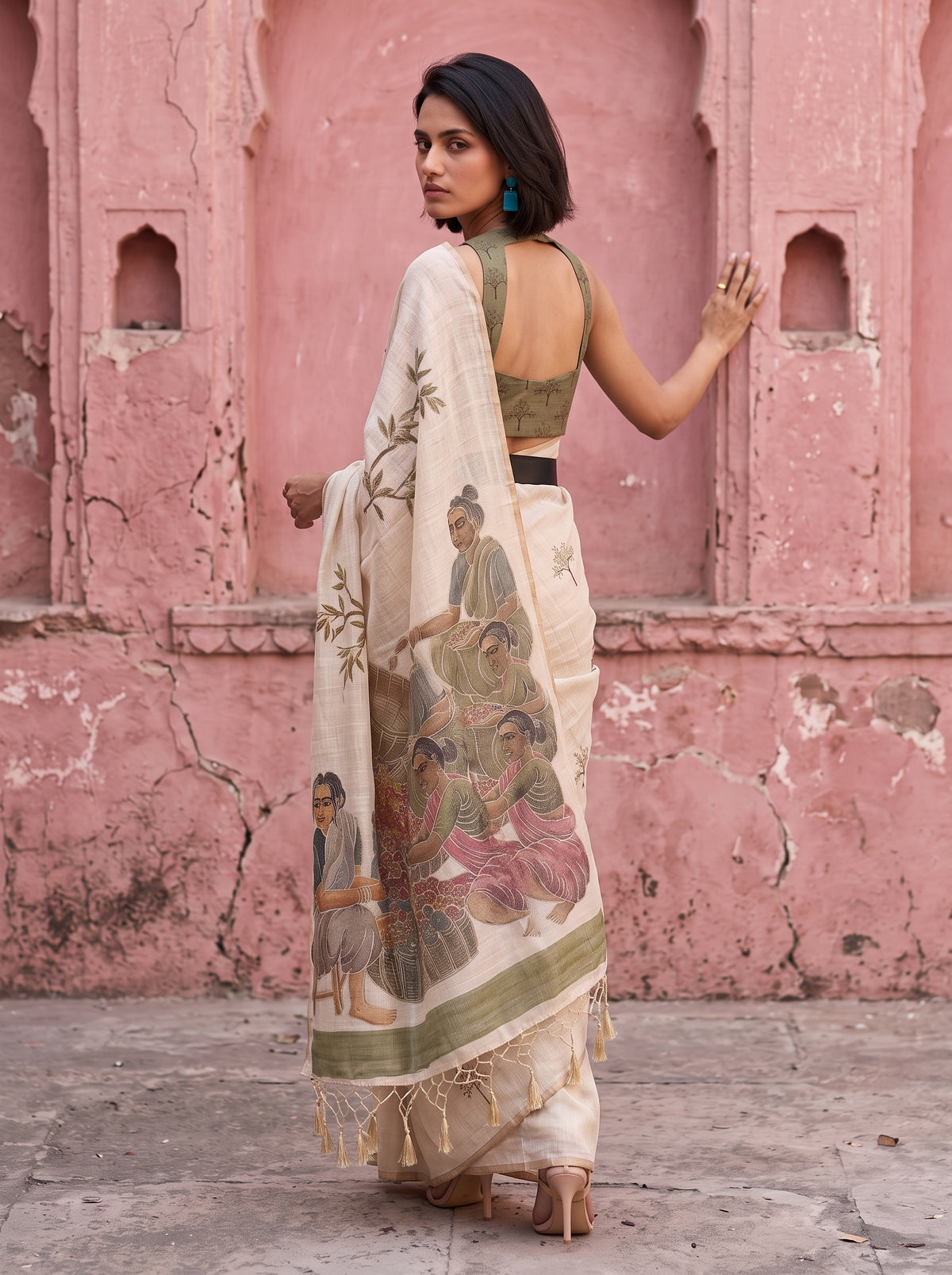 MIMOSA Mehndi Banarasi Saree — pose 7 styling detail
