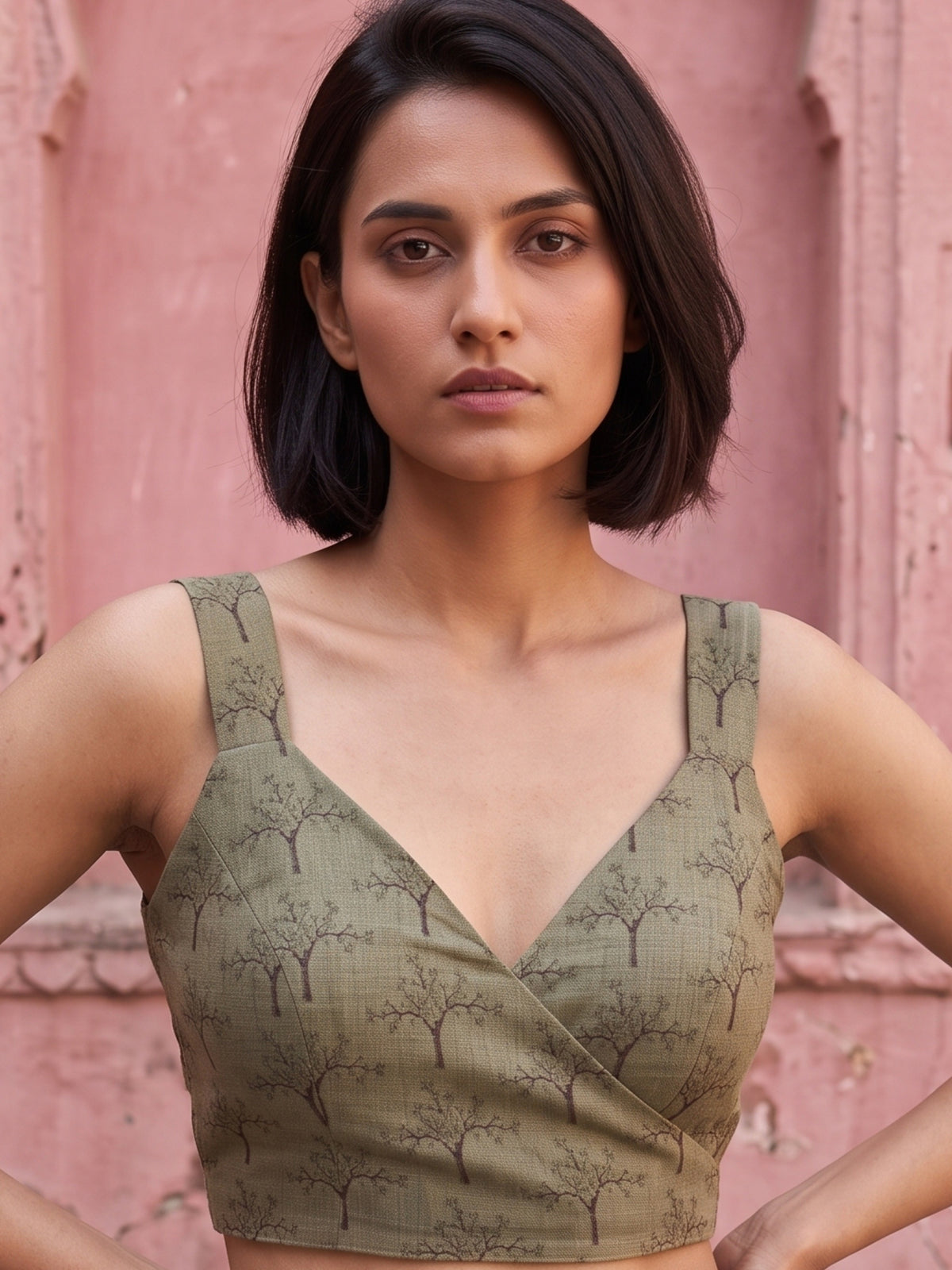MIMOSA Mehndi Banarasi Saree — blouse close-up