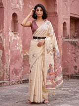 MIMOSA Peach Banarasi Saree — front view on mannequin