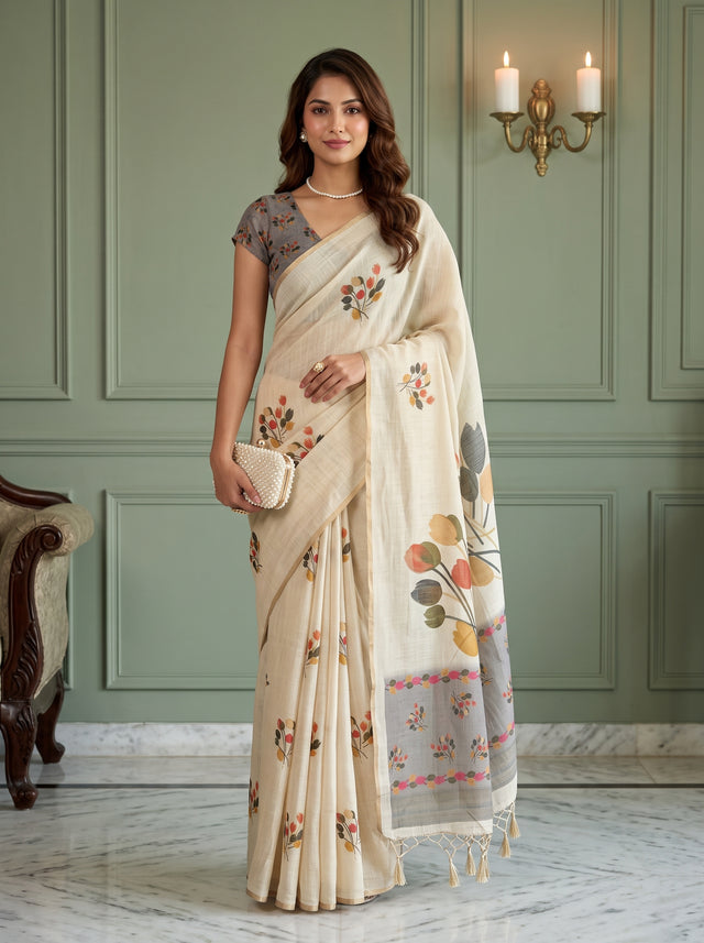 MIMOSA Grey Banarasi Saree — front view on mannequin