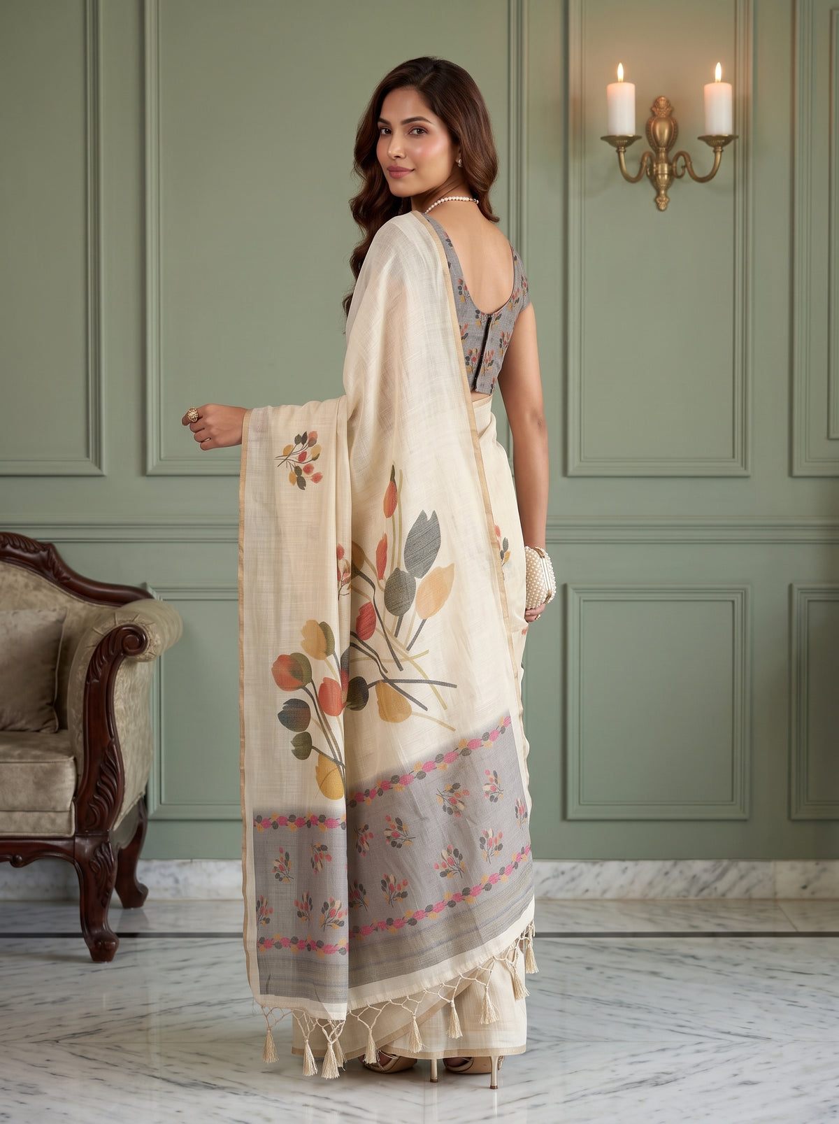 MIMOSA Grey Banarasi Saree — pose 7 styling detail