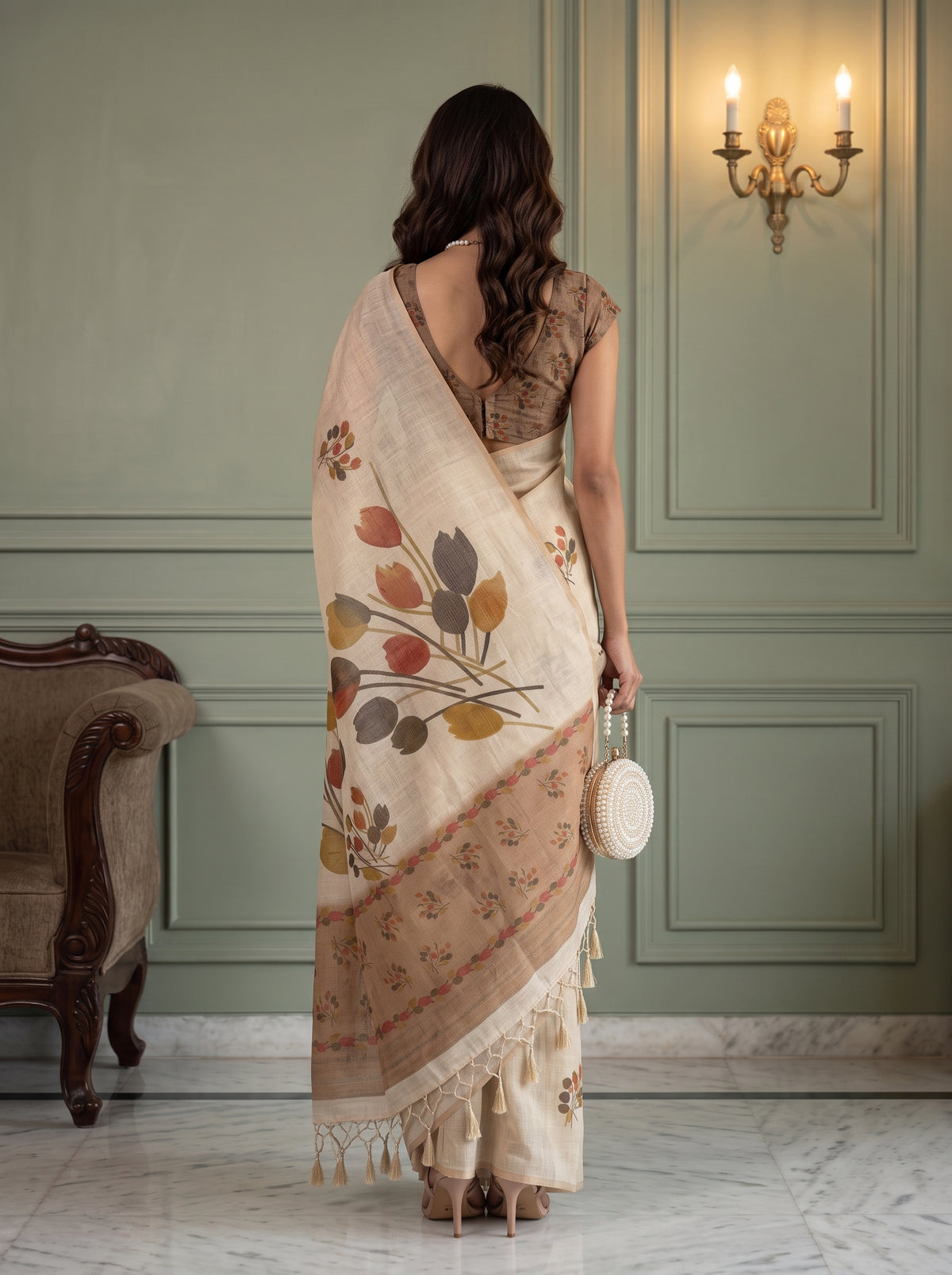 MIMOSA Mustard Banarasi Saree — pose 2 styling detail