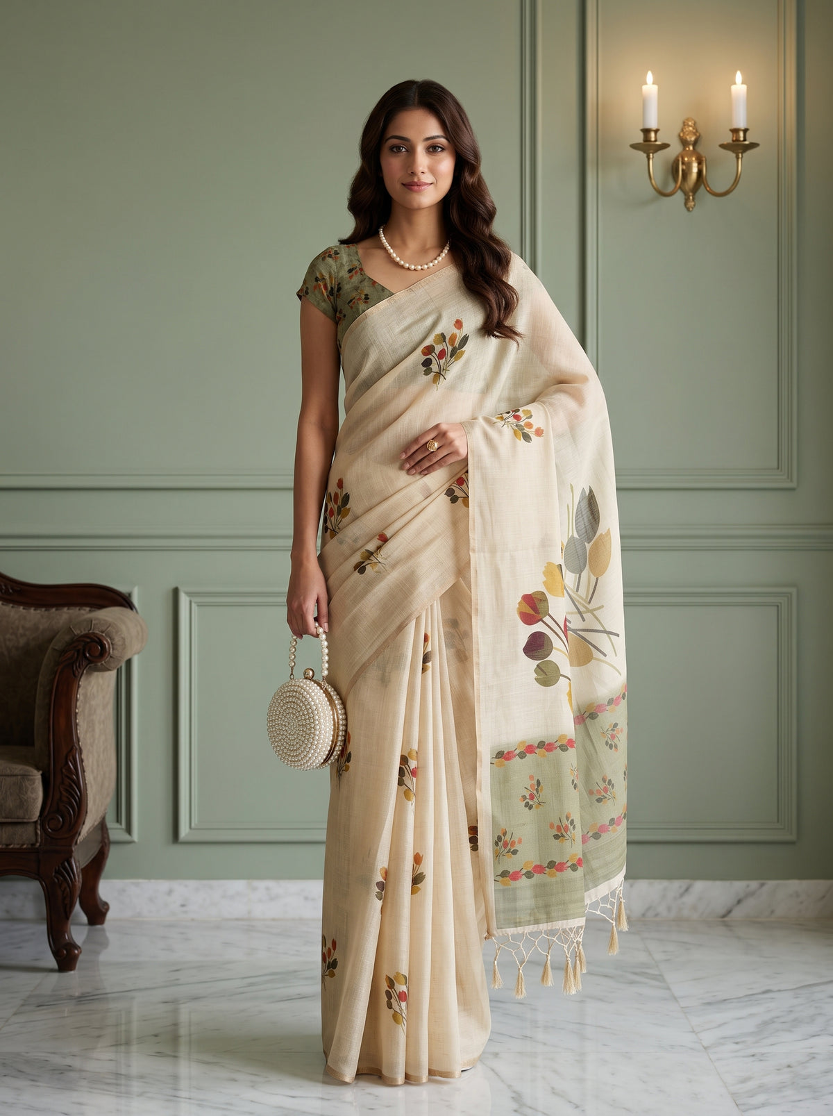 MIMOSA Olive Banarasi Saree — front view on mannequin