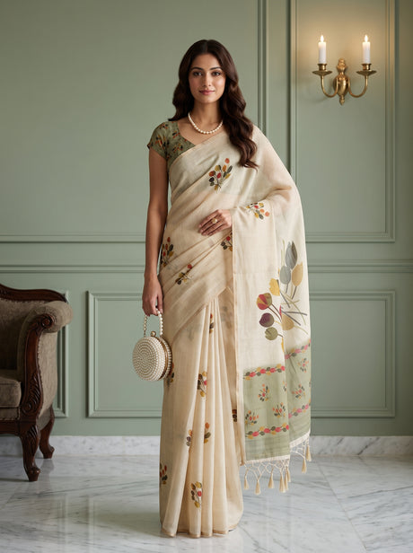 MIMOSA Olive Banarasi Saree — front view on mannequin