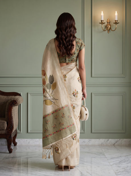 MIMOSA Olive Banarasi Saree — pose 2 styling detail