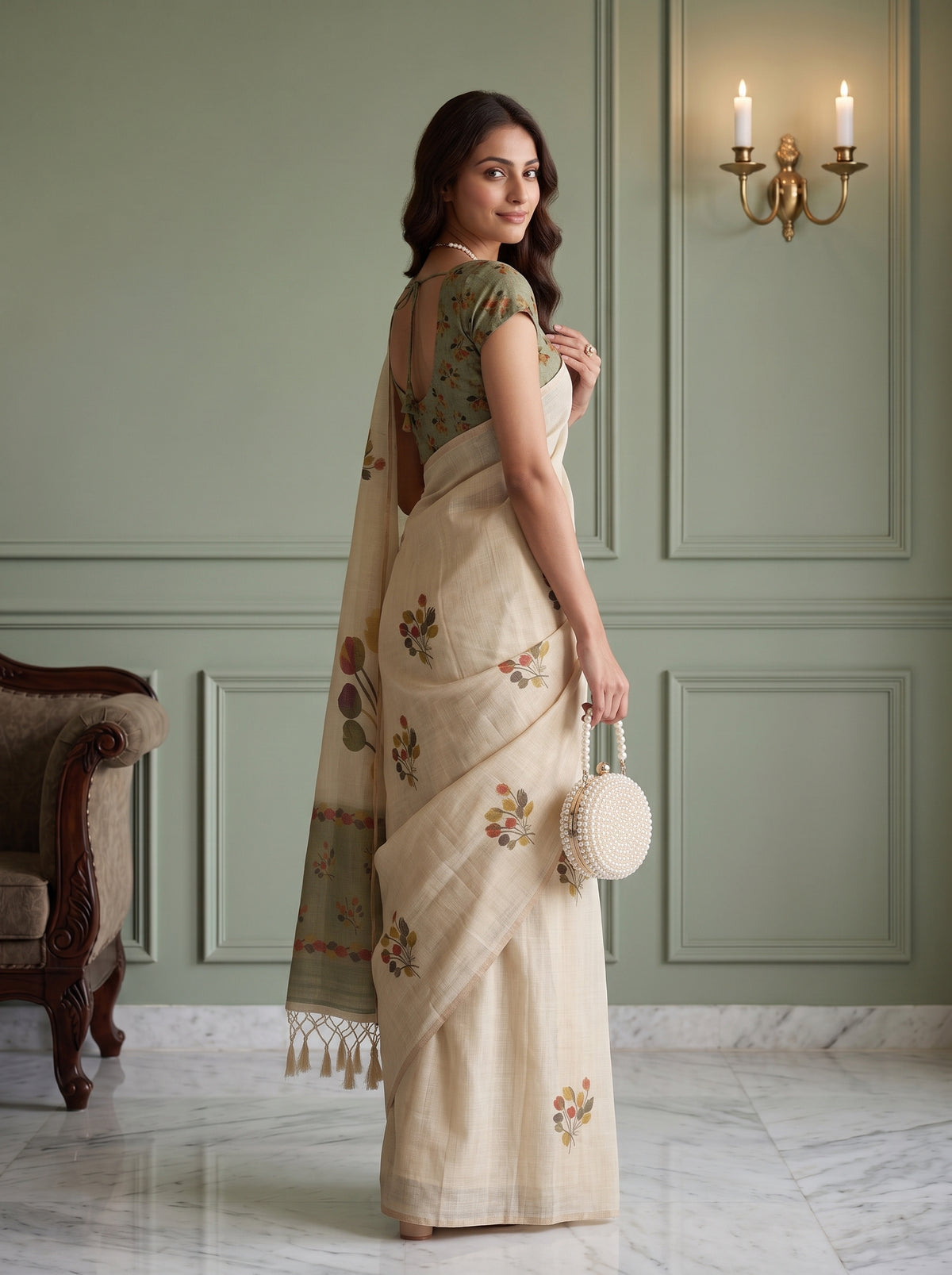 MIMOSA Olive Banarasi Saree — pose 5 styling detail
