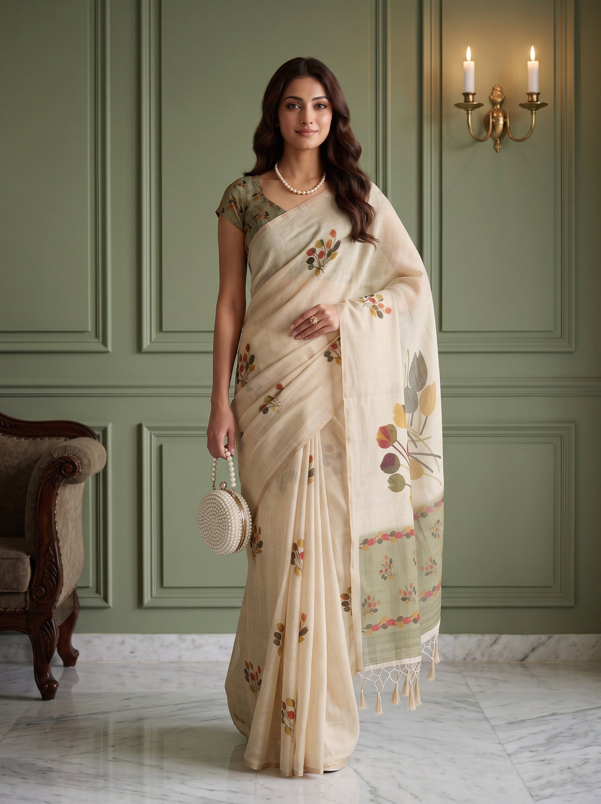 MIMOSA Olive Banarasi Saree — pose 6 styling detail