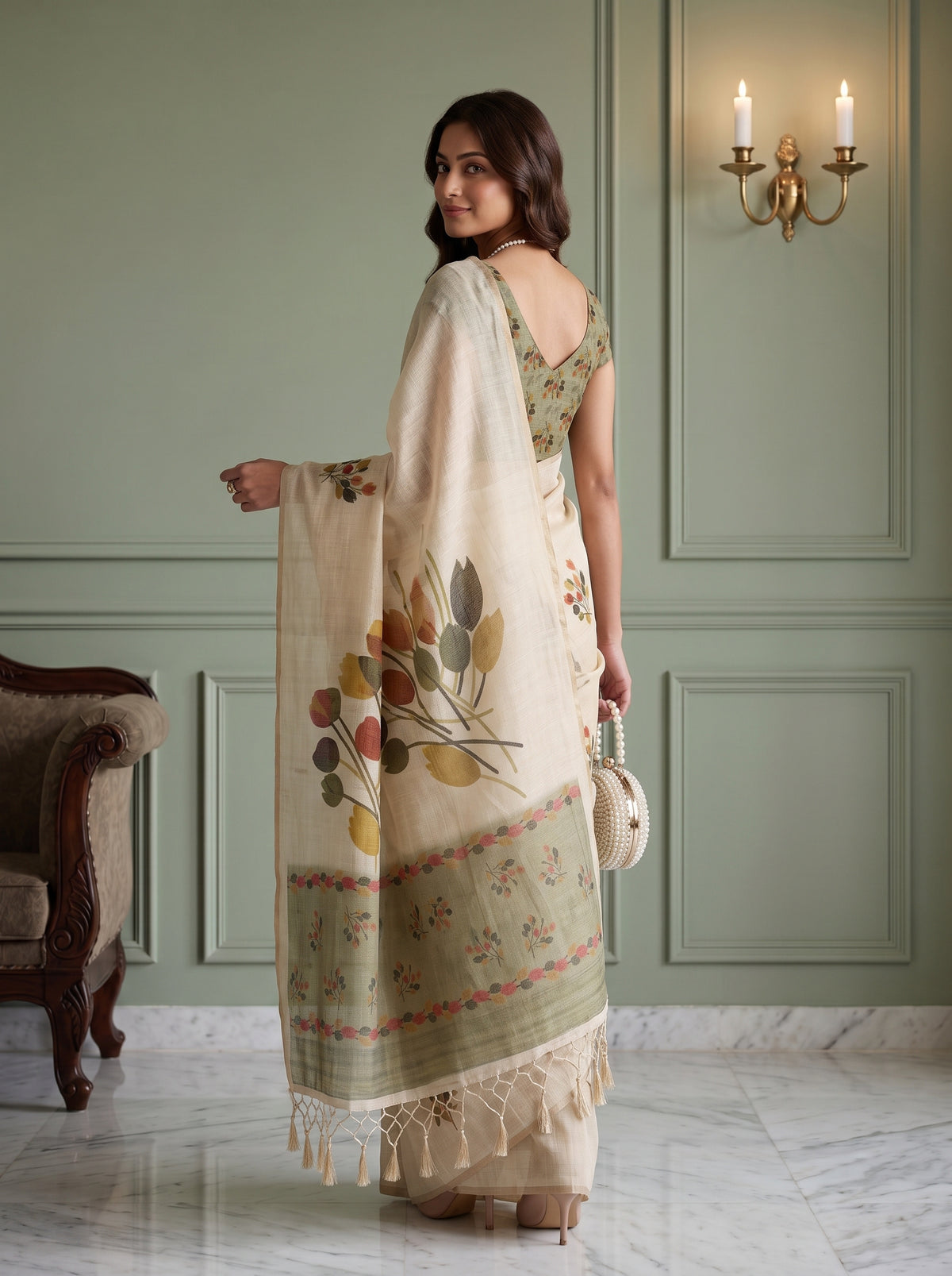 MIMOSA Olive Banarasi Saree — pose 7 styling detail